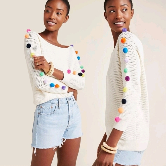 Anthropologie Anthro Cotton Blend Pom Pom Sweater Cream Open Weave Women's M - Picture 1 of 6